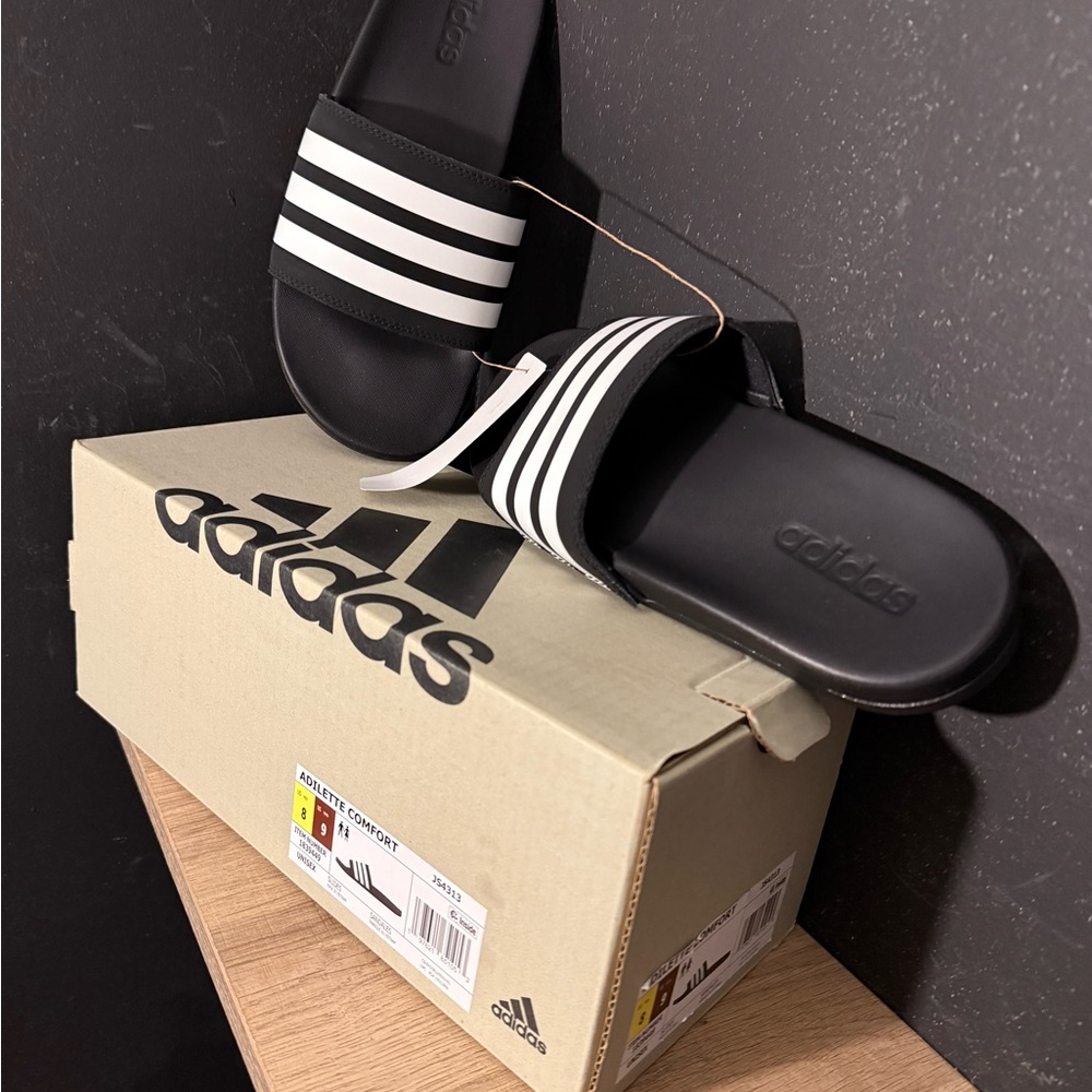 Adidas Adilette Comfort Slides in Black and White